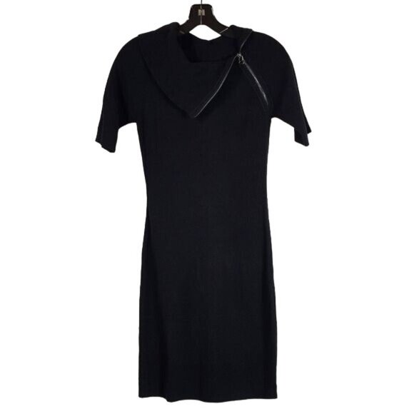 Calvin Klein Black Knit Sweater Dress XS Asymmetrical Cowl Zip Neck Goth Casual - Picture 1 of 5